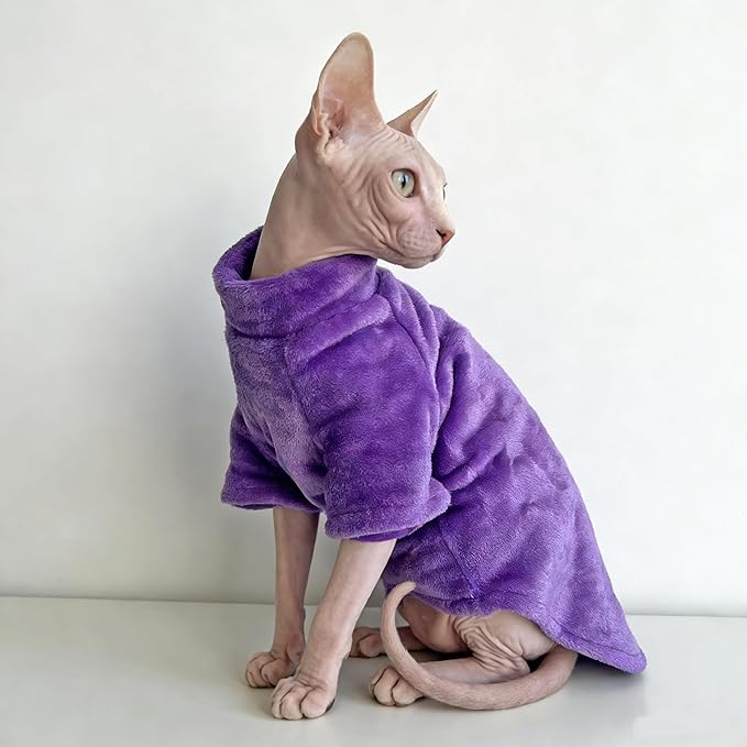 Turtleneck Sphynx Cat Clothes for Cats Only, Fleece Sphynx Hairless Cat Clothes Sweaters,Sphinx Kitten Winter Coat Outfits Apparel Costume for Cornish Rex and Devon Rex,Purple,L