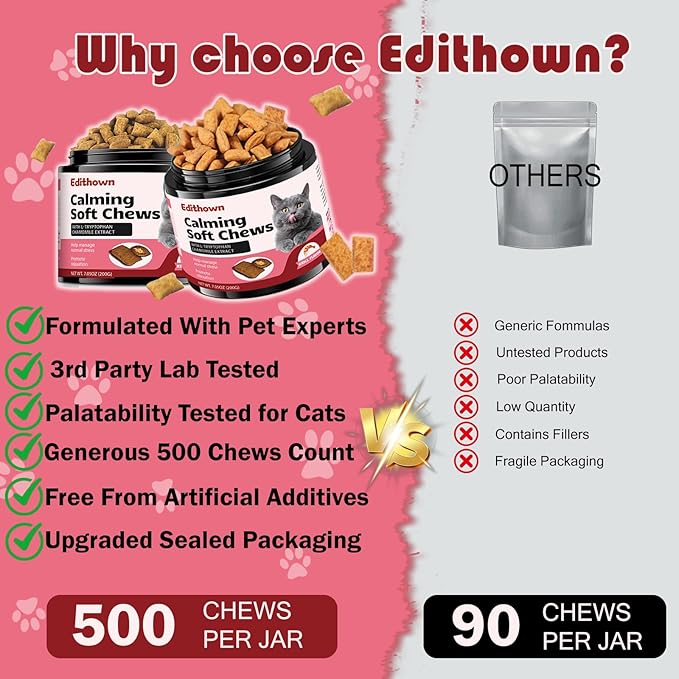Cat Calming Treats,500 Crunchy Creamy Cat Chews,Melatonin for Storms, Travel, Separation - Krill Flavor