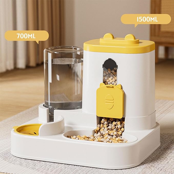 Automatic Pet Feeder and Waterer, 2-in-1 Food and Water Dispenser for Cats, Kittens, Small Medium Dogs, Yellow