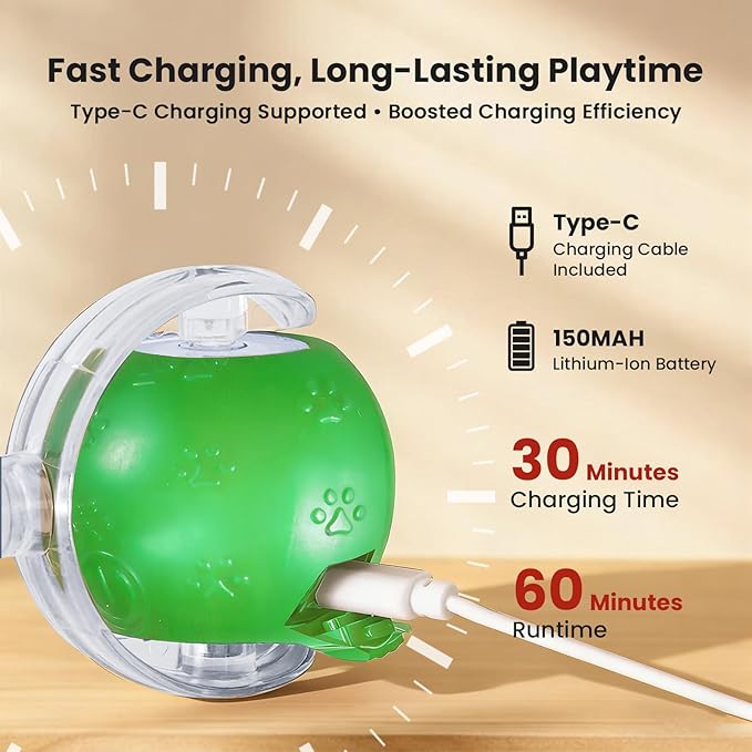Rocfish Cat Toys, Cat Toys for Indoor Cats, Cat Toys Interactive, 360° Rotating Automatic Interactive Cat Ball, Smart Activation, LED Light, Type-C Rechargeable, 3 Replaceable Dragonfly Tails (Green)