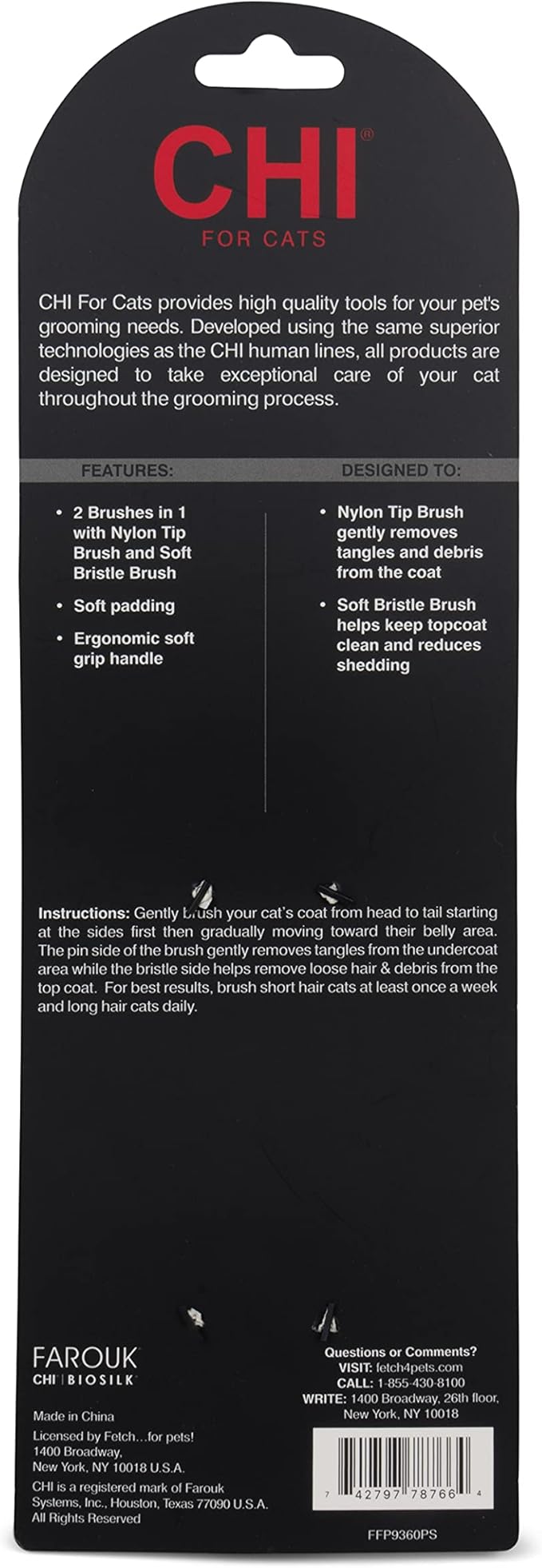 CHI for Cats 2-in-1 Double-Sided Pin and Bristle Cat Brush, Nylon-Tip Pins Detangle Undercoat, Bristle Side Reduces Shedding and Restores Shine, Ionic Technology, Ergonomic Soft-Grip Handle