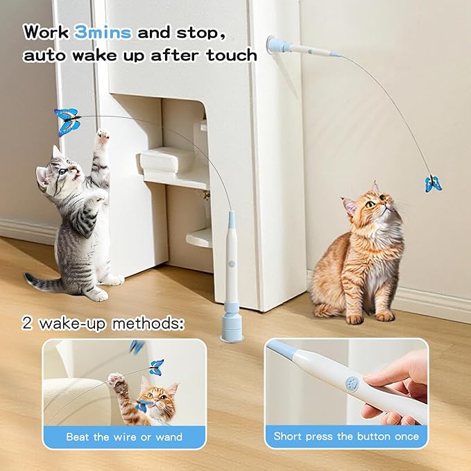Interactive Cat Toys for Indoor Cats - Electric Cat Wand Toy with Butterfly, Self-Play & Handheld Dual Mode, USB Rechargeable with Strong Suction Base, Smart Motion Activated Enrichment Cat Toy, Blue