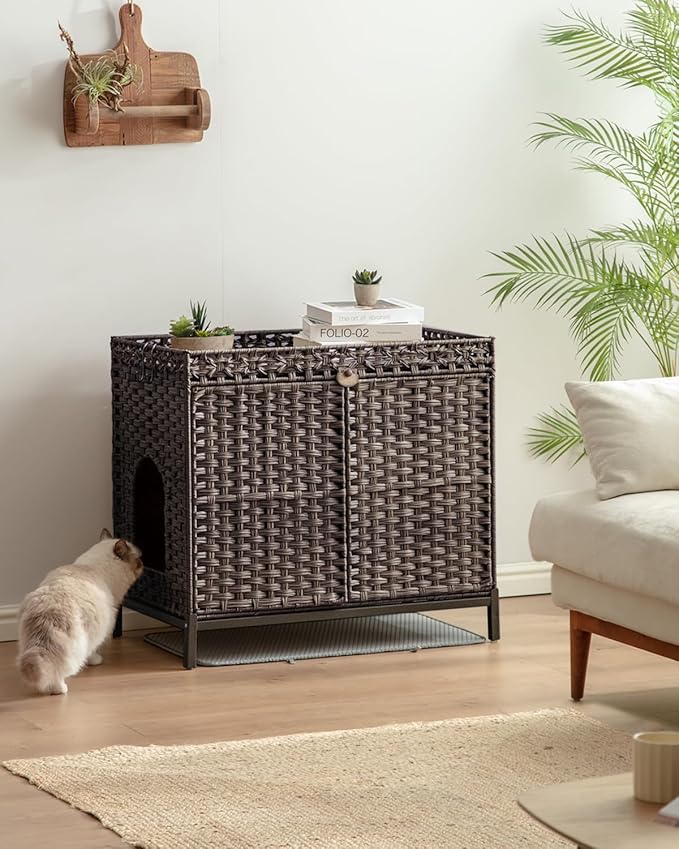 SETVSON Cat Litter Box Enclosure Furniture, Hidden Handwoven Rattan Litter Box with Mat, Large Cat House with Metal Heightened Feet, 30.3 x 18.3 x 28 Inches, Indoor for Living Room, Bedroom Brown