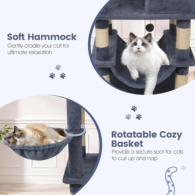 Tangkula 66 Inch Tall Cat Tree, Multi-Level Cat Tower with Sisal Scratching Posts, 2 Condos, Plush Perch, Hammock, Basket, Dangling Toys, Cat Climbing Furniture for Indoor Cats (Dark Gray)