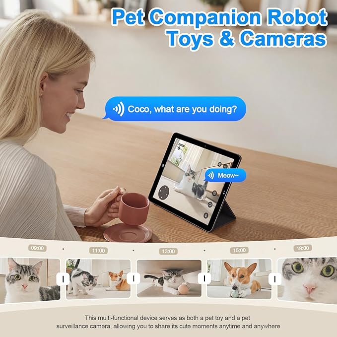 Pet Camera Indoor with Phone App, Robot Camera on Wheels, Cat and Dog Camera with Interactive Feather Toy, 2-Way Talk, Video Recording - Indoor Security & Companion
