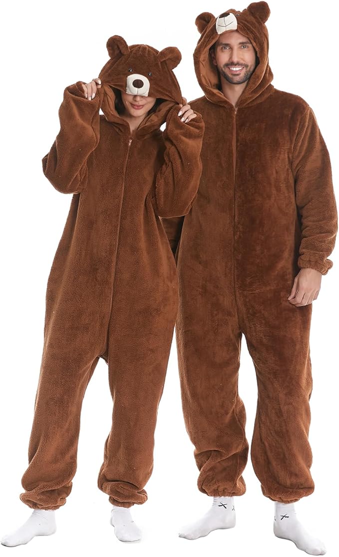 HSCTEK Fuzzy Teddy Fleece Adult Onesies Pajamas - Teen Long Sleeve Zip Up Hooded Blanket Sleep - One Piece Costume
