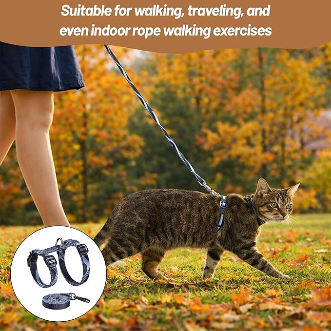 Cat Harness and Leash Set, 3-in-1 Escape Proof Adjustable, Comfortable Walking Travel Kitten Harness for Small Medium Large Cats (Grey)