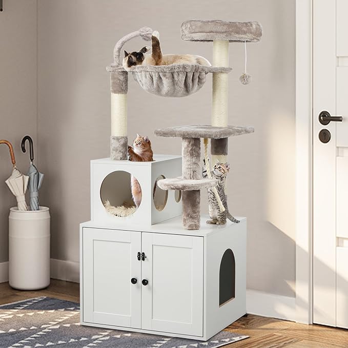 Timberer Cat Tree with Litter Box Enclosure, 2-in-1 Cat Tower for Indoor Cats, Large Wood Cat Condo with Basket, Scratching Posts, Pompoms, White