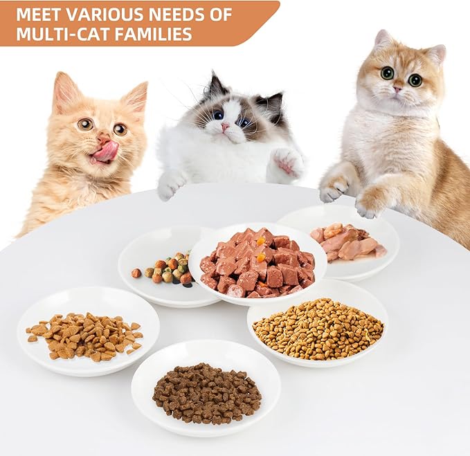 6 Pack Cat Food Bowl, Ceramic Cat Bowls, Anti Whisker Fatigue Cats Bowl Set,5.5 Inches Shallow Wide Kitten Plates for Food and Water (White-E)