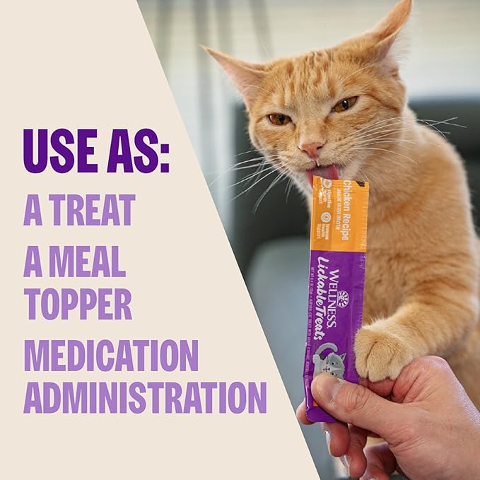 Wellness Lickable Soft Puree Cat Treats, All Lifestages, Kitten to Senior, Natural, Grain Free, Chicken Flavor, 0.4 oz, Pack of 6 Tubes
