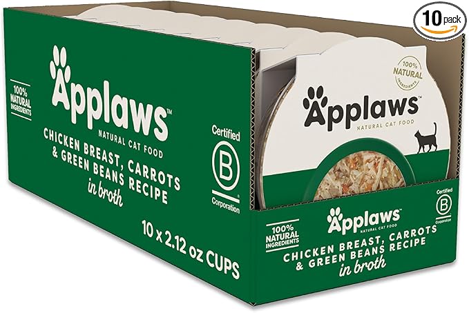 Applaws Natural Wet Cat Food in Broth, Limited and Natural Ingredients, High Protein with No Artificial Additives, Chicken, Carrots & Green Beans in Broth (10 x 2.12 oz Easy-Open Cups)