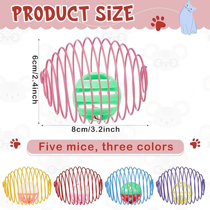 Jecery 5 Pcs Cat Spring Toys Stretchable Rolling Balls Colorful Playful Coils Interactive Action Toy Caged Rats for Kitten Pet Supplies (Bell Ball,Multicolor)