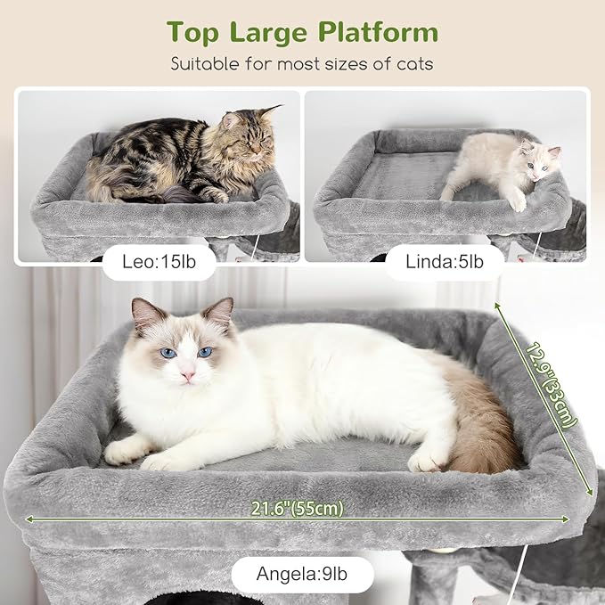 Globlazer Large Cat Tree, 80 inch Multi-Level Tall Climbing Tower Kitty Condos Cat Scratching Tower for Indoor Multiple Large Adult Cats Kittens with 3 Cat Caves, 3 Hanging Baskets, F80F, Light Grey