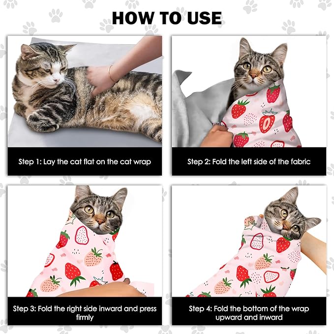 27.6"Cat Grooming Wrap, Self Adhesive Cat Wrap for Cutting Nails, Anti-Escape Cat Swaddle Wrap for Medicine Ear Cleaning, Strawberry Anti-Scratch Cats Burrito Restraint Blanket, Pet Tool (6-10 lbs)