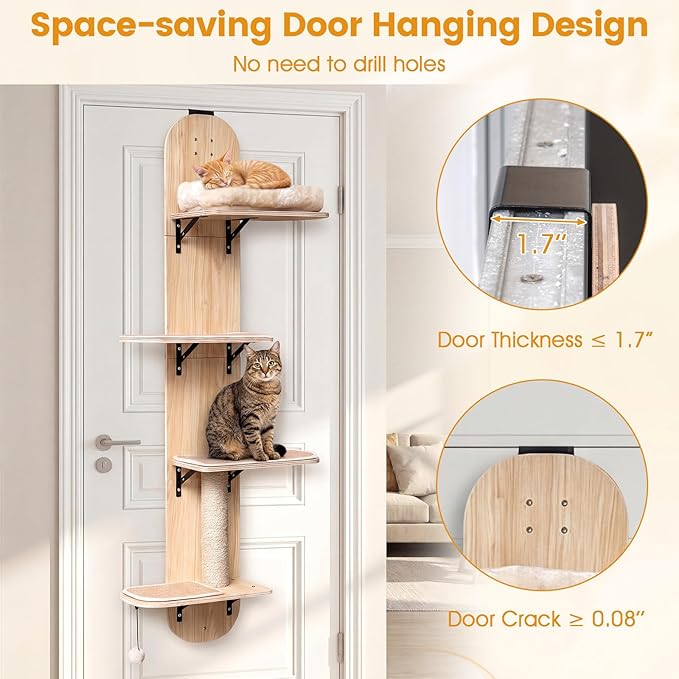 PETSITE Door Mounted Cat Tree, 58.5-61.5 Inches Height Adjustable Hanging Cat Climber with Scratching Post, Detachable Scratching Mats, and Comfy Plush Cat Bed (Natural)