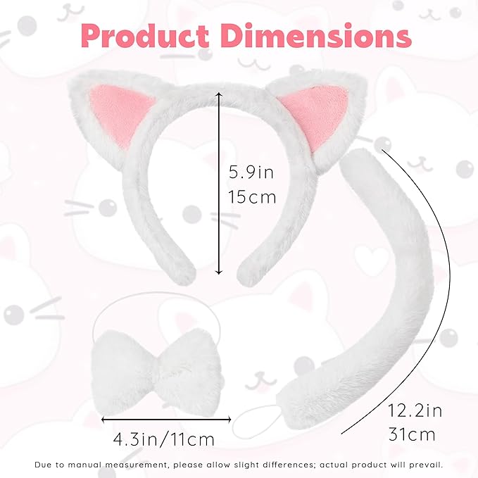 Cat Ears and Tail Set, White Cat Ears Headband with Bow tie, Furry Halloween Headband for Adults, Soft Animal Ears