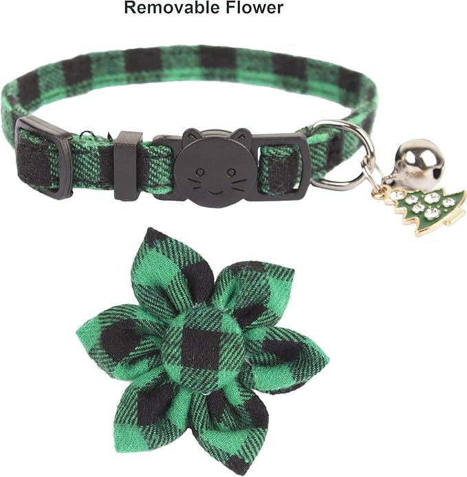 ADOGGYGO Christmas Cat Collars with Flower Bell, 2 Pack Breakaway Cat Christmas Collar with Removable Floral, Red Green Plaid Flower Collars for Cats (Red&Green-2)