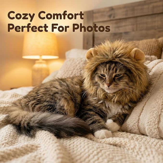 Lion Mane Wig for Cats, Adjustable Dog and Cat Costume for Halloween Christmas, Soft Pet Costumes and Cat Clothes (Size L)