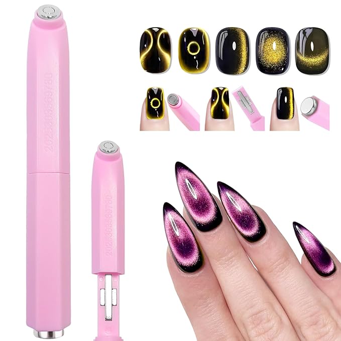 3 in 1 Cat Eye Magnet for Nails, Strong Magnetic Nail Art Tool for Cat Eye Gel Polish, Multi-Effect Cat Eye Magnet Stick for Ring, Line & 3D Cat Eye Designs, Salon & Home DIY (NAT291-Pink)