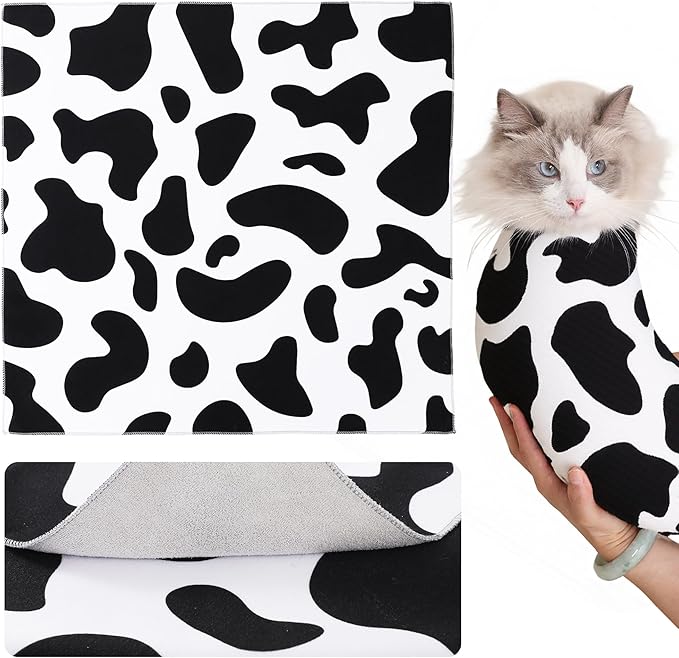 Purrfect Peace Cat Swaddle Wrap – Professional Calming Restraint Bag for Grooming, Nail Trimming & Medicine - Adjustable Cat Restraint for Grooming, Vet Visits (Cow Pattern, S)