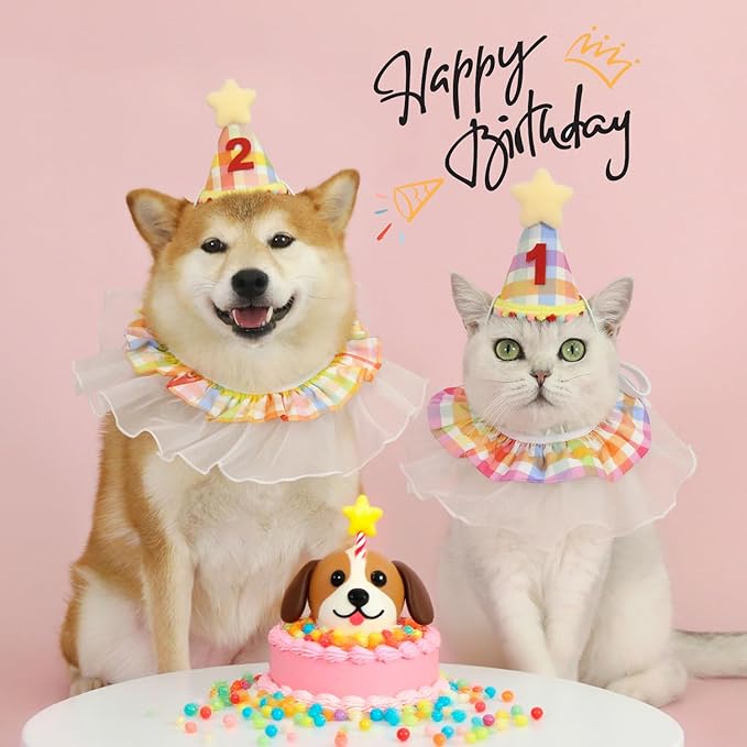 Cat Birthday Decorations- Pet Cat Dog Birthday Hat with Number Kitten Puppy Princess Costume Outfit Cute Lace Bandana Scarf Party Apparel for Small Medium Cats & Dogs