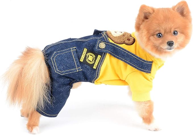Dog Outfits for Small Dogs Boy Girl Spring Shirts Denim Bib Pants 2 Pockets Jumpsuits One Piece Apparel for Cats Puppies Chihuahua Clothes Adorable Overall for Medium Pet 4 legs Autumn Yellow S