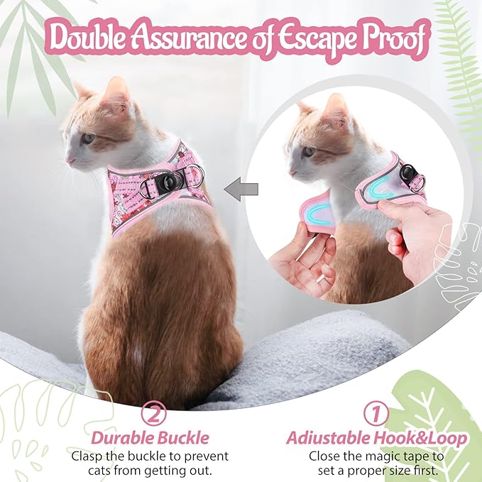 Cat Harness and Leash Escape Proof for Walking, Adjustable Soft Kitten Harness with Reflective Straps Step in Cat Vest Harness for Small Kitten and XS Dogs (Pink, S-Chest(11.8"-13.7"))