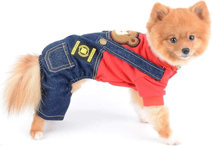 Dog Outfits for Small Dogs Boy Girl Spring Shirts Denim Bib Pants 2 Pockets Jumpsuits One Piece Apparel for Cats Puppies Chihuahua Clothes Adorable Overall for Medium Pet 4 Legs Autumn Red XS