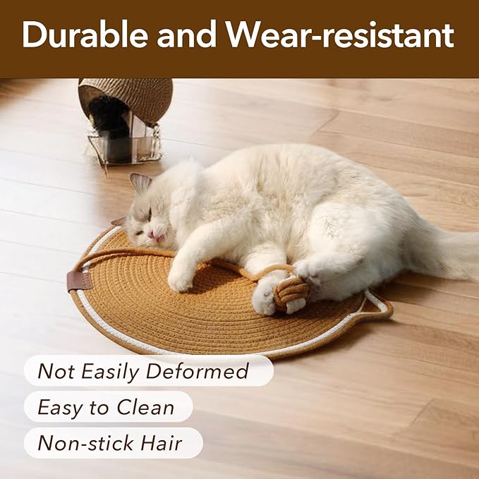 Cat Toy Scratcher Mat with Ball, 17" Size Natural Cotton Rope Dual Scratching Pad for Indoor Cats, Portable Furniture Protector for Wall, Carpets, Hand Washable (White, 17"*17")