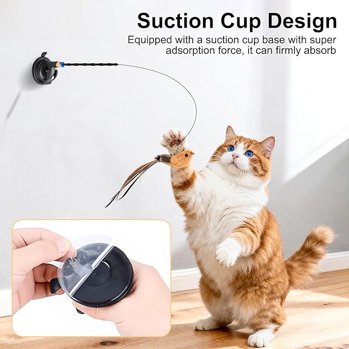5 Pcs Interactive Cat Feather Toys, Interactive Cat Toys for Indoor Cats, Bird Simulation Cats Feathers Fishing Pole Toy Kit with Suction Base & Replacement Birds for Outdoor Indoor Kitten Playing