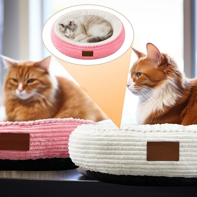 2 Pack Cat Beds for Indoor Cats 20 Inches Washable Round Donut Pet Bed Cushion Self Warming for Cats, Small Dogs, Puppy, and Kitten(Pink, White)
