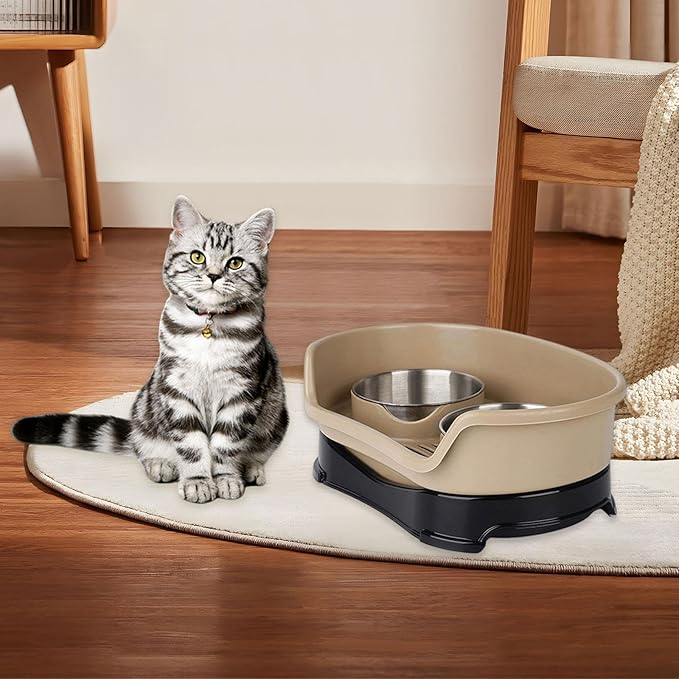 Gralara Cat Water and Food Bowl Feeder Feeding Dish Easy to Clean Non Slip Double Bowl Pet Feeder for Small Dogs, Brown
