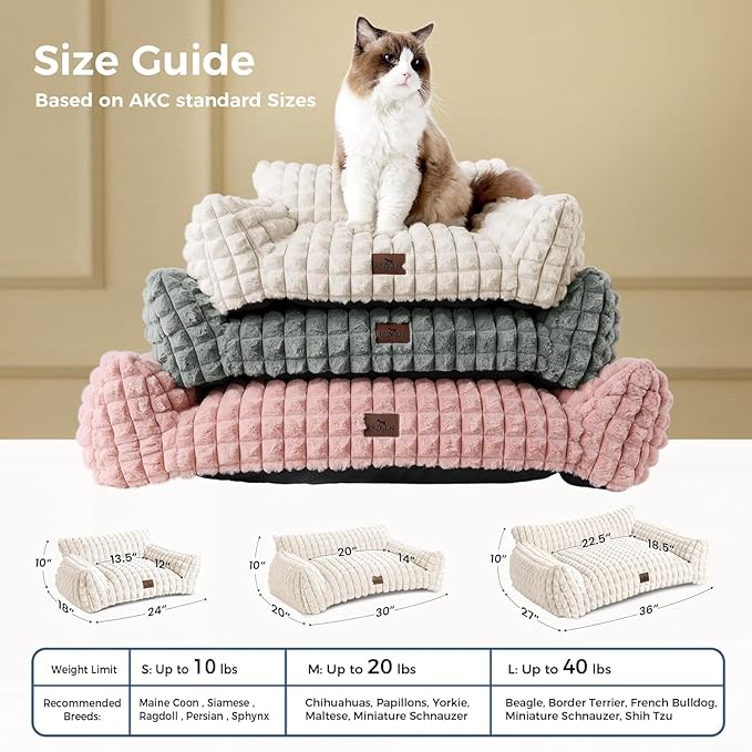Cute Small & Medium Dog Couch Bed – Supportive & Fluffy Pet Sofa with Faux Rabbit Fur Washable Cover in 3D Diamond Pattern, 36" Grey