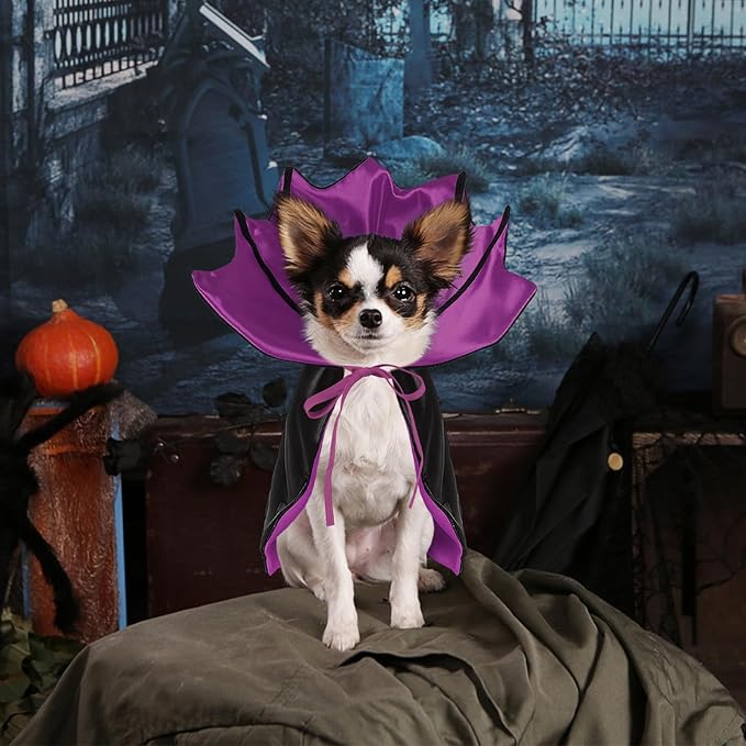 Dog Halloween Costume, Pet Cape for Small Puppy Dogs Cat Funny Red & Black Halloween Costumes with Neck Armor Adjustable Strap Idea for Vampire Party Cosplay (Purple Bat, L)