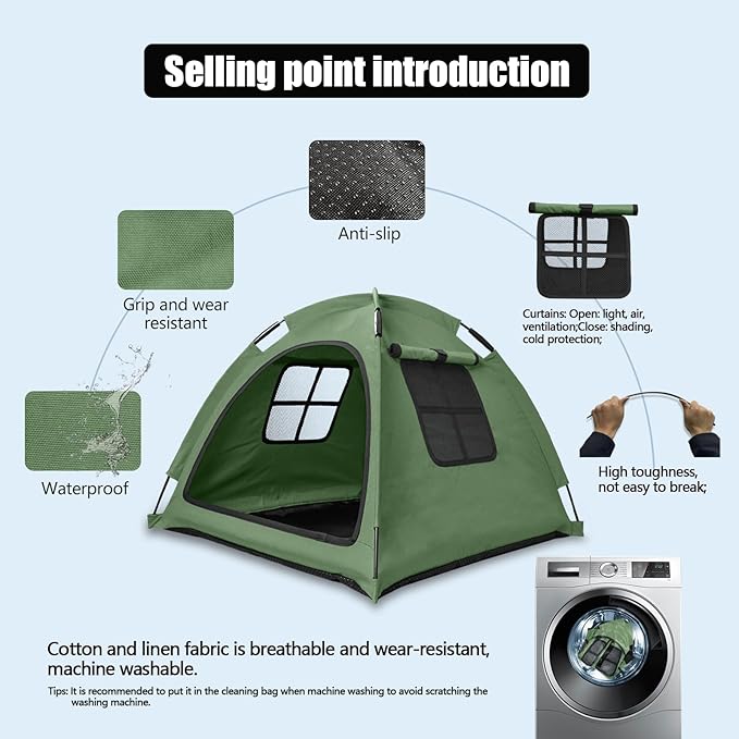 Anti-Anxiety Open Pet Tent, Calming Hideaway Monitoring Bed for Cats & Small Dogs, Breathable Mesh, Tool-Free Setup, Indoor Outdoor Travel, Green