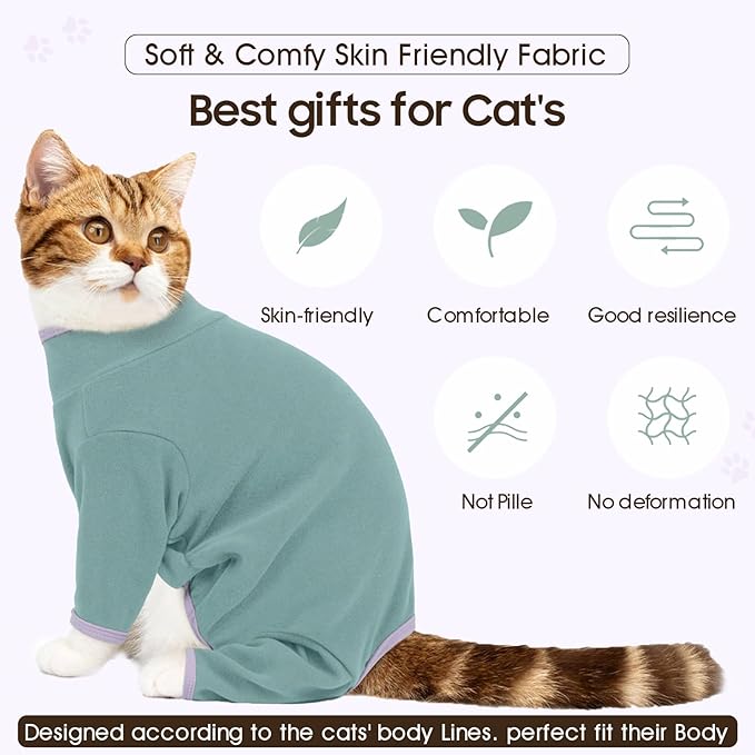DENTRUN Cat Clothes for Hair Control with Hair Sticky Fabric - Soft Recovery Suit & Breathable Lint-Resistant Cat Sweater for Cats Only, Kitten Onesie Pajamas, L, Bean Green