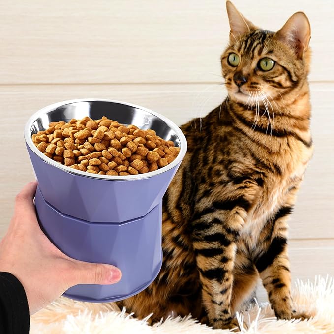 Kisangel Elevated Cat Bowl Adjustable Raised Pet Feeder with Non-Slip Support Stand in Blue for Indoor Cats Feeding and Watering
