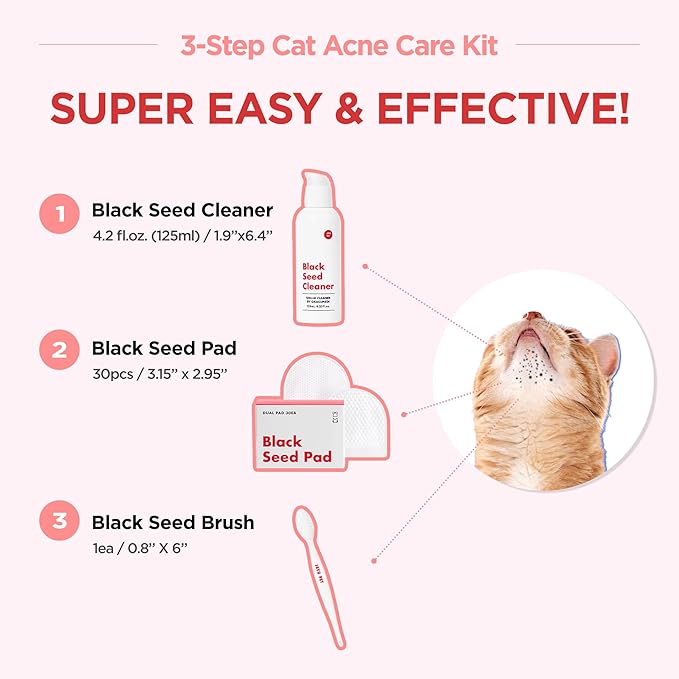 JAYU PET 3-Step Cat Acne Care Kit - Hypoallergenic Cleanser for Feline Acne, Cat Black Chin(1EA) Double-Sided Pads, Cat Acne Chin Wipes(30PCS) Soft Grooming Cat Acne Silicone Brush(1EA)