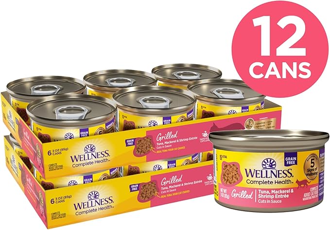 Wellness Complete Health Grilled Adult Canned Wet Cat Food, Natural, Protein Rich, Grain Free, Tuna, Mackerel, and Shrimp Entrée Recipe, 3 oz, Pack of 12 Cans