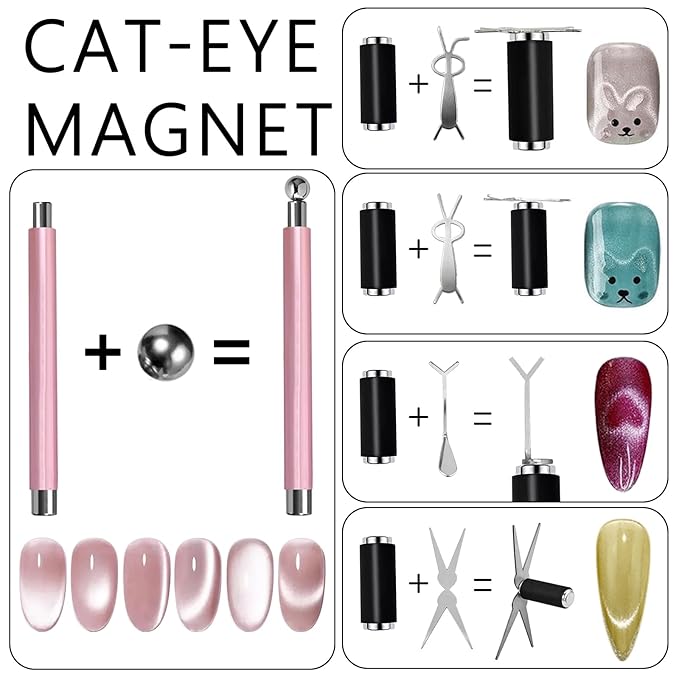 9pcs Cat Eye Magnet Set, 3-in-1 Heart Magnet for Nails, Strong Cylindrical Magnet with Scissor-Shaped/Y-Shaped Brackets/Bunny-Shaped Plates for French Heart Bunny Cat Eye Nail Art Effect