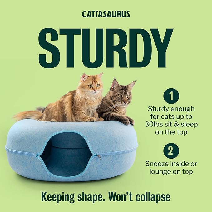Cattasaurus Peekaboo Cat Cave Donut for Multiple & Large Cats up to 30-45 lbs, 3-in-1 Self Warming Cat Bed, Tunnel & Scratcher for Indoor Cats, Washable & Detachable Small Dog Bed (Blue, Jumbo)