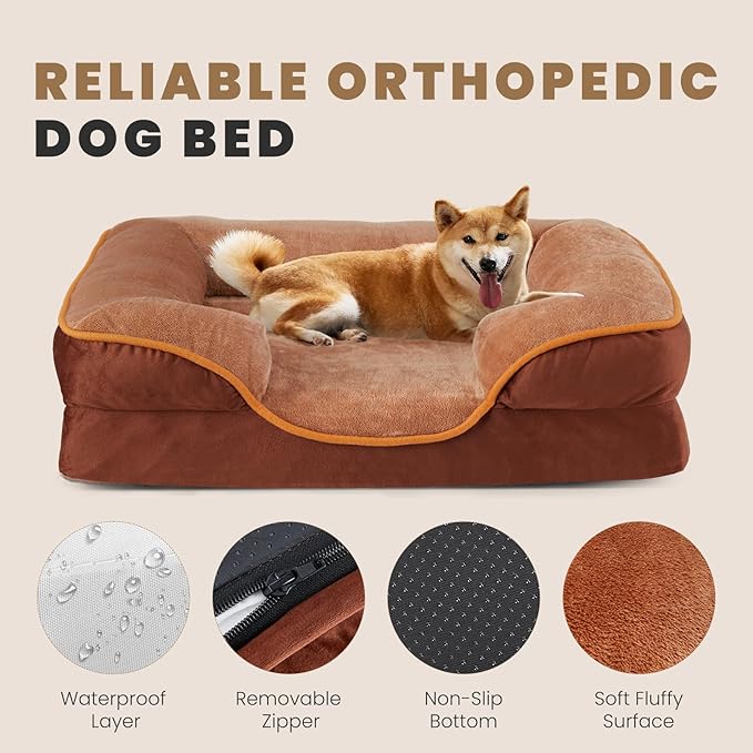 DUMOS 35x25 Inch Orthopedic Dog Beds for Large Sized Dogs, Machine Washable Cover Pet Bed, Anti-Slip Waterproof Memory Foam Couch Bed for Indoor Dogs and Cats, Brown