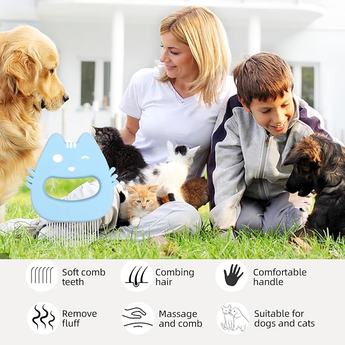 Blue Cat Comb Cute Cat-shape Pet Hair Removal Massaging Shell Comb Soft Deshedding Brush Grooming and Shedding Matted Fur Remover Dematting tool for Long and Short Hair Cat Dog Puppy Bunny