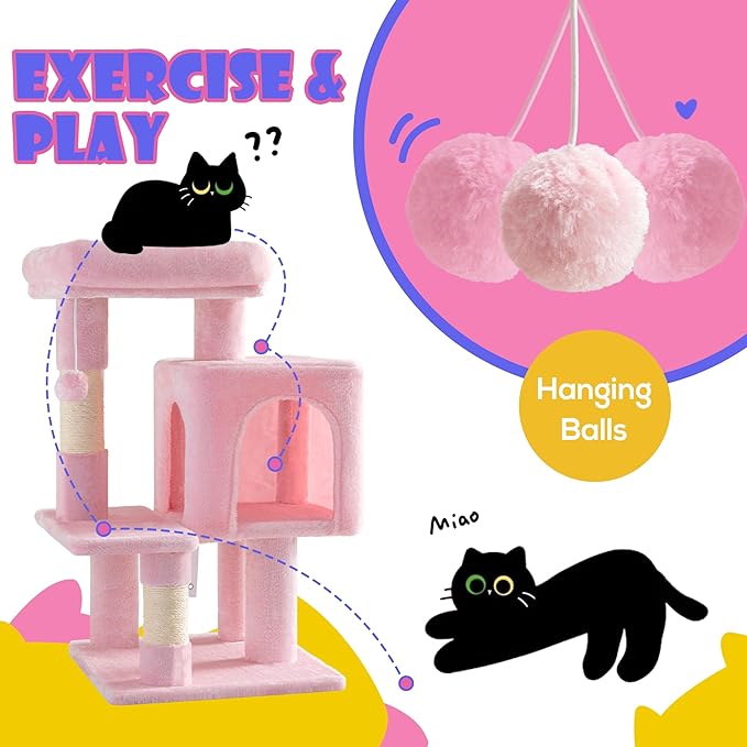 SHA CERLIN 29in Cat Tree for Indoor Cats, Multi-Level Cat Tower with Large Perch, Cozy Condo, Playful Toy Balls, Sisal Scratching Posts, Stable Pet Furniture Activity Center, Space-Saving, Pink