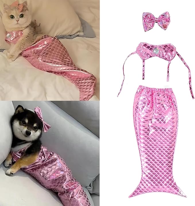 Cat Mermaid Costume Creative Cat and Dog Costumes Funny Fishtail Dress Puppy Mermaid Fishtail Dress Pet Mermaid Costume Humor Funny Photo Props (Pink)