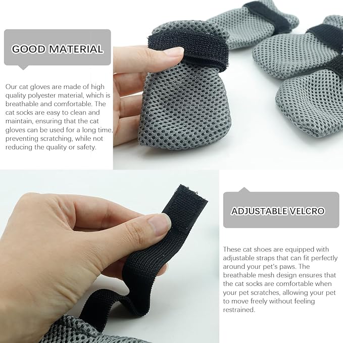 4pcs Cat Booties Adjustable Cat Claw Protectors Covers Cat Mittens to Prevent Scratching Mesh Breathable Cats Shoes for Bathing, Nail Trimming (Gray Size XL)
