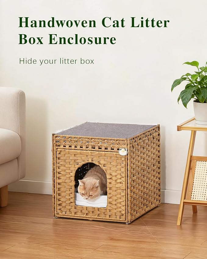SETVSON Cat Litter Box Enclosure Furniture with One Cat Bed Pad, Hidden Litter Box Handwoven Rattan Cat House with Two S-Shaped Hooks for Living Room, Bedroom, 18.5 x 20.5 x 19.1 Inch,Natural