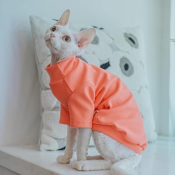 Sphynx Cats Warm Fleece Shirt Cat Turtleneck Undershirt Thermal Hairless Cat Clothes for Sphynx, Devon, Cornish Cat Clothes and Small Kitten and Dogs (Solid Orange, Small)