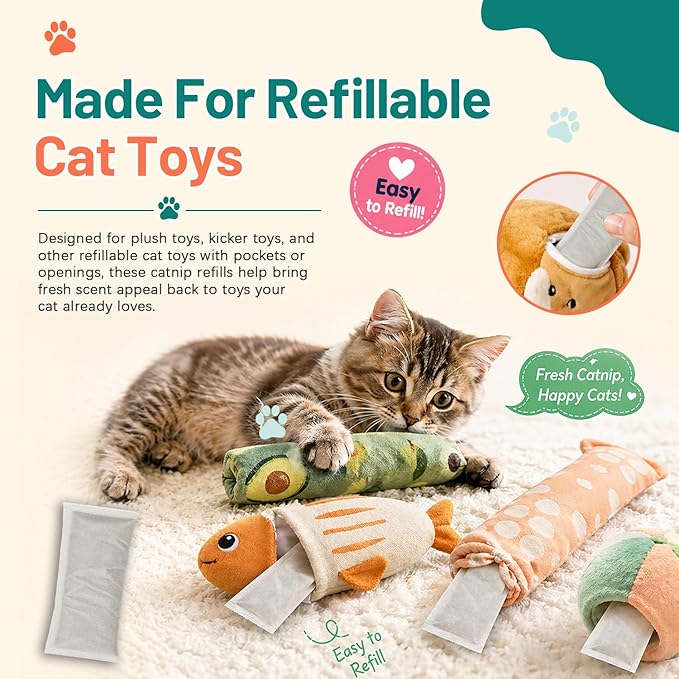 (10-Pack) Refillable Catnip Kicker Toy Kits, Natural Catnip Tea Bags for Cats, 9g Catnip Pouches, Non-Woven Mess-Free Cat Toy Refills, Additive-Free, Vacuum Sealed, Total 90g