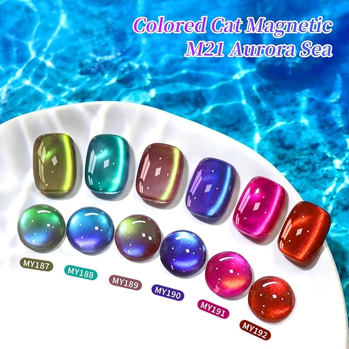 Born Pretty 15ML Spring Summer Cat Magnetic Eye Gel Nail Polish Set, 6 Colors Green Sea Blue Purple Bright Pink Burgundy Glitter Auroras Magnetic Gel Polish Jellyfish Effect 0.5 Fl.Oz
